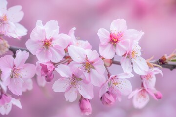 A close-up of cherry blossoms on a tree branch, with soft pink petals and a blurred background of more blossoms.