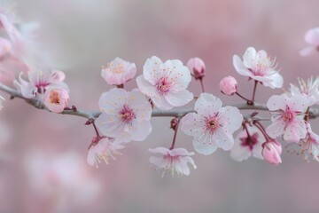 Obraz premium A close-up of cherry blossoms on a tree branch, with soft pink petals and a blurred background of more blossoms.