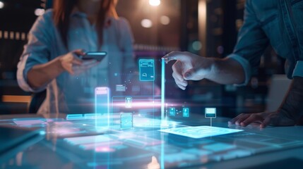 Photo of UX developers and UI designers using augmented reality to brainstorm about mobile app interface layout design on desk in modern office. Creative digital development agency.