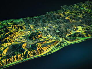 Fototapeta premium Technical aerial visual, 3D LiDAR GIS aerial map satellite scan model isolated, showing Oxnard, California. Elevation, topography, render
