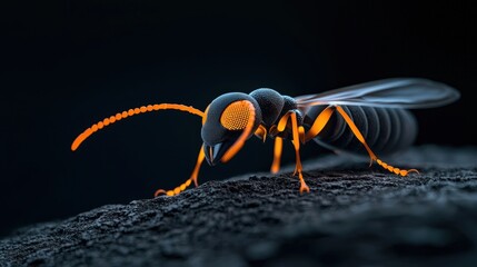 Fototapeta premium Close-up of a brightly colored insect with striking orange and black features, set against a dark background.