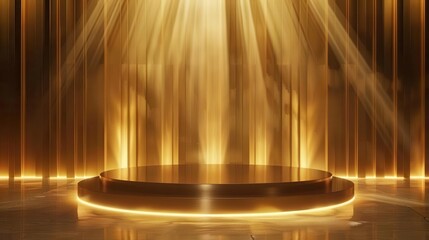 luxurious empty stage podium with shiny gold background and glowing lights 3d rendered backdrop