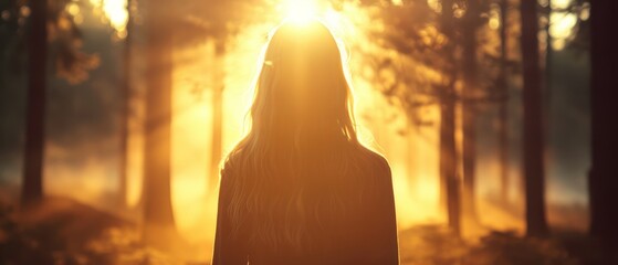  A woman, in the forest's heart, stands still Sunlight filters through tree canopies, caressing her face Her hair dances with the wind