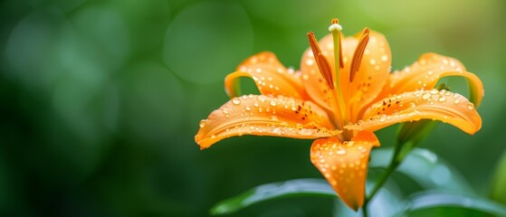 petals dotted with water drops, backdrop of green leaves