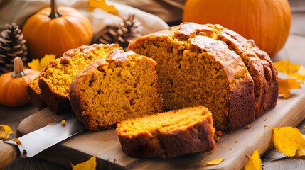 Sliced pumpkin bread on a wooden cutting board with fall leaves