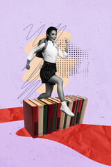 Vertical composite collage image picture of girl run jump above book isolated on creative background