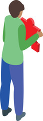 Fototapeta premium Young man is holding a big red jigsaw puzzle piece, searching for its place