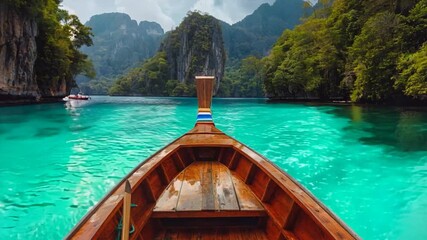 Serene Journey to Paradise: A longtail boat glides through turquoise waters, surrounded by lush green islands, promising an unforgettable adventure in a tropical paradise. 