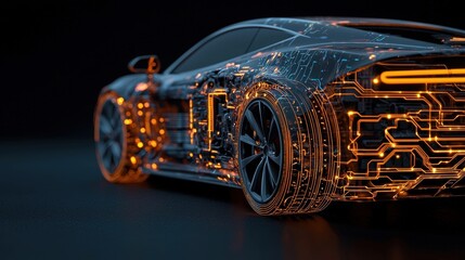 Futuristic car design featuring glowing circuit patterns against a dark background. A blend of technology and automotive art.
