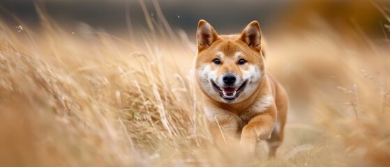  A tight shot of a dog in a field of tall grass with its mouth agape and tongue extended