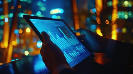 Close-up of tablet with data charts in a professional setting (close up, tech-savvy collaboration, realistic, Silhouette, Workplace)