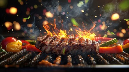 Sizzling steak with vibrant vegetables on a grill, capturing the essence of outdoor cooking and gourmet BBQ experience.