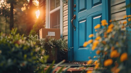 Delivered package with door slightly open (focus on, convenience, vibrant, Overlay, House entrance)
