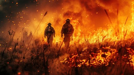 Detailed view of firefighters amidst burning grass (copy space, fire containment, dynamic, Double exposure, Open field)