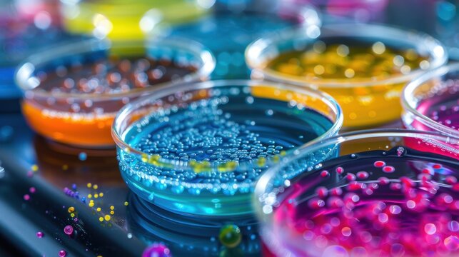 Detailed view of colorful bacteria colonies in petri dishes (copy space, microbial analysis, dynamic, Double exposure, Science lab)