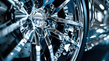 Obraz premium macro shot of polished aluminum sports car wheel rim intricate spoke pattern reflecting light high contrast with deep shadows