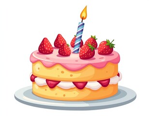 Isolated Strawberry Birthday Cake: Flat Cartoon Design for Postcards, Stickers, and Party Invitations 