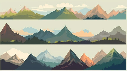 Mountain landscape vector illustration set, collection of mountains in flat design style