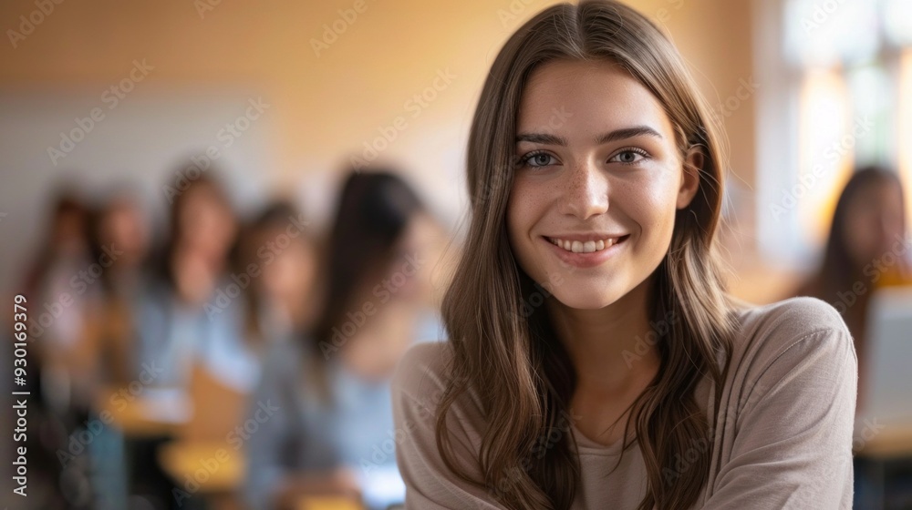 Poster A happy college student with long hair is smiling while attending a lecture, surrounded by classmates in a bright classroom
