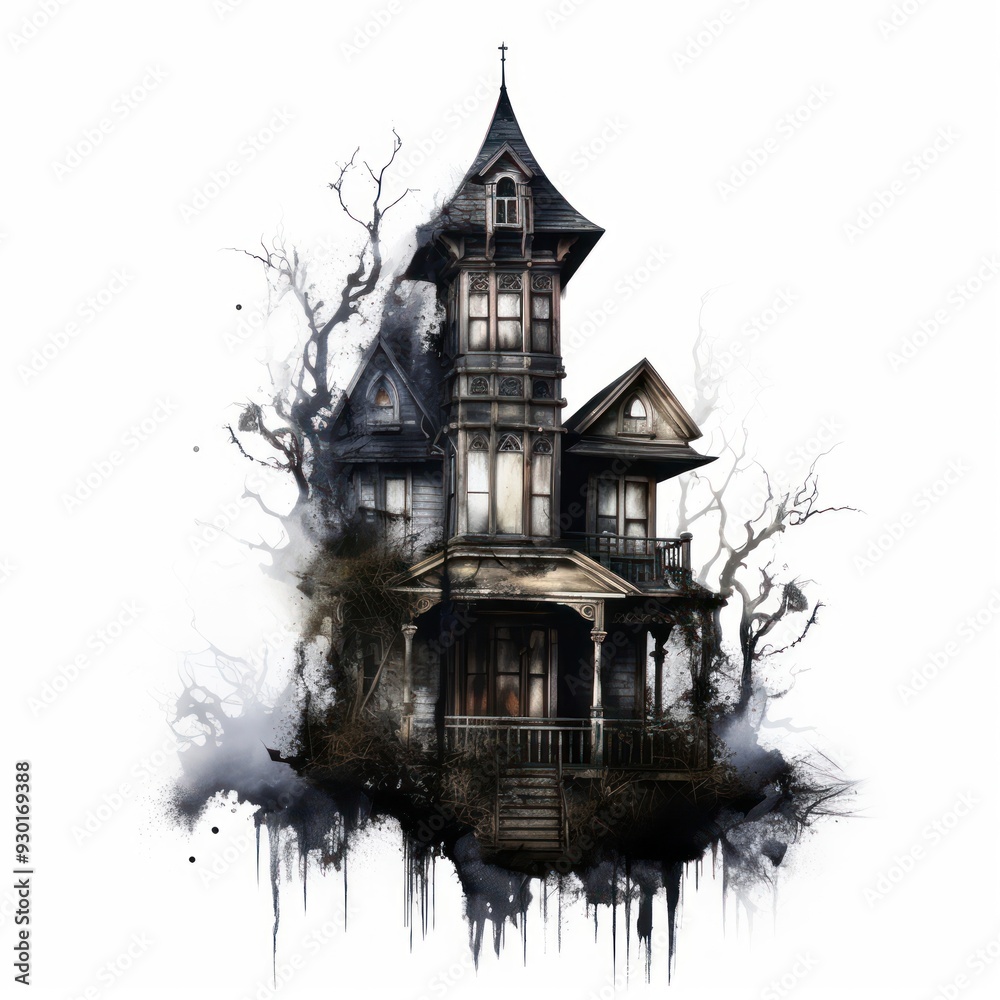 Wall mural haunted house architecture building white background.