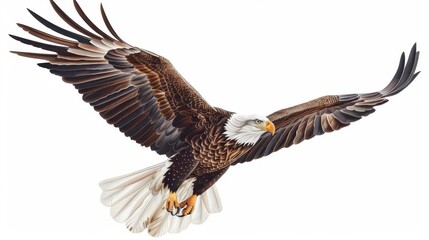 Obraz premium majestic american eagle soaring gracefully against a clean white background symbolizing freedom strength and national pride