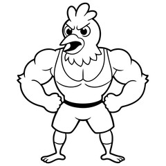 A ferocious angry chicken athlete posing line art vector illustration