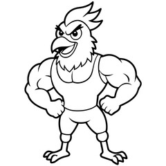 A ferocious angry chicken athlete posing line art vector illustration