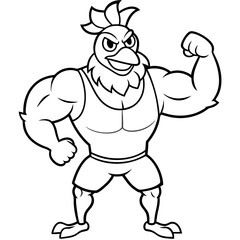 A ferocious angry chicken athlete posing line art vector illustration