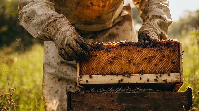 Close up of hands of Senior Bee Keeper visiting Beehive on the farm. He is dressed in bee keeper protective suit. Meadow exterior of rural farm in Texas, USA