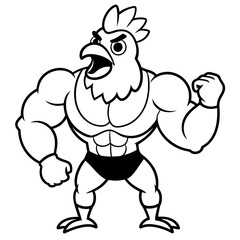A ferocious angry chicken athlete posing line art vector illustration