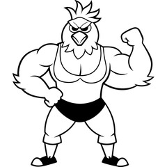 A ferocious angry chicken athlete posing line art vector illustration