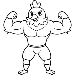 A ferocious angry chicken athlete posing line art vector illustration