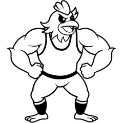 A ferocious angry chicken athlete posing line art vector illustration