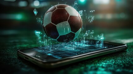 Digital soccer ball floating above phone with holographic elements