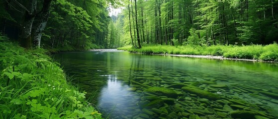Obraz premium A river runs through a verdant forest teeming with numerous green plants and trees