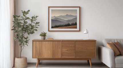 Mid-century modern living room with sleek walnut sideboard and minimalist decor