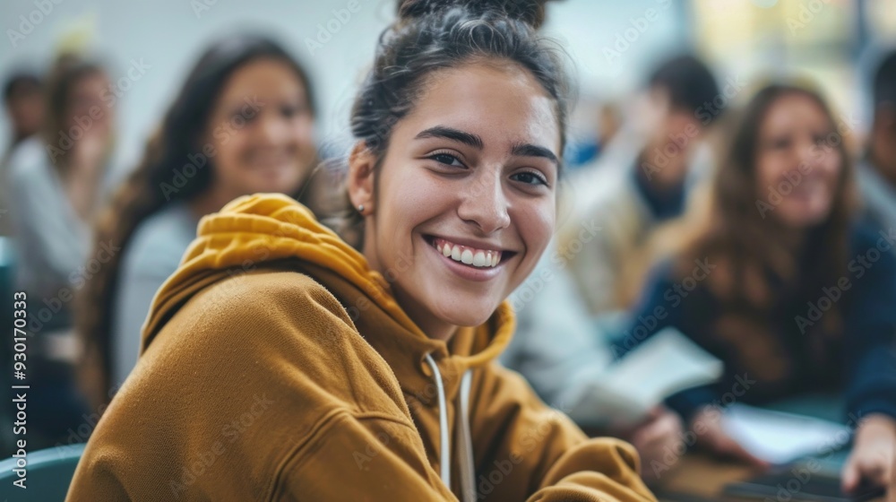 Aufkleber a young woman smiles brightly while participating in a lecture surrounded by classmates in a lively 
