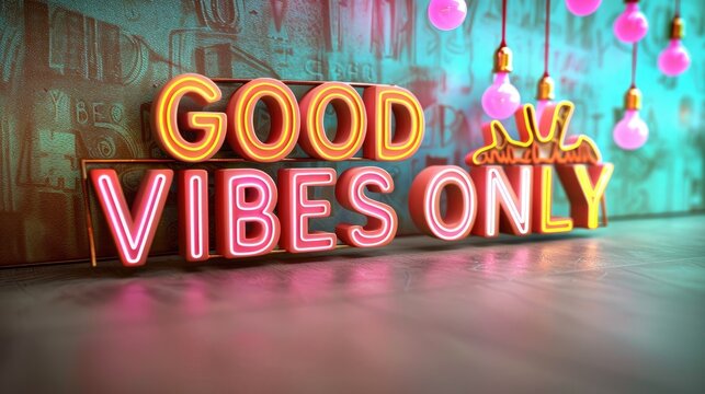 "GOOD VIBES ONLY" text in pastel 3D letters in front of an old wall with pink light bulbs hanging from the ceiling. Trendy and modern text concept photo for inspiration.
