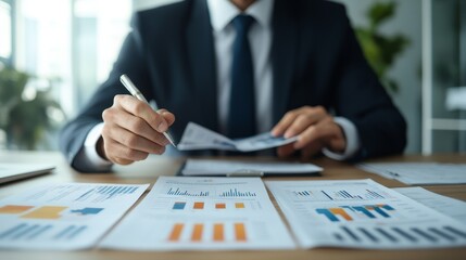Business professional reviewing financial reports and graphs at a desk, focusing on data analysis and performance metrics.