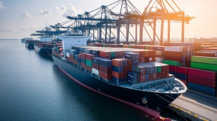 Fototapeta premium Cargo ship docked at a busy port with cranes and containers. The sun is setting in the background, casting a warm glow on the scene.