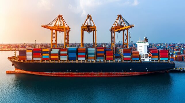 Cargo ship docked at port with cranes loading and unloading containers.