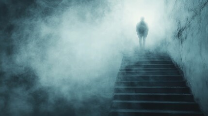 A shadowy figure appears at the top of a staircase, enveloped in mist, creating an eerie and mysterious atmosphere.