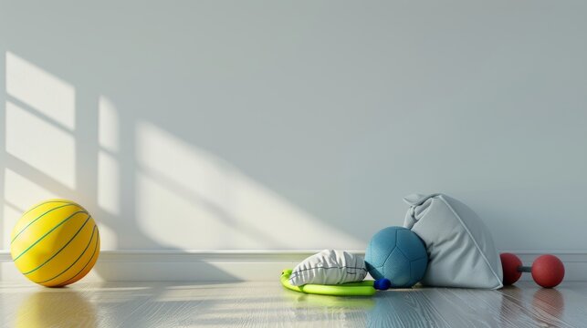 Various sports equipment arranged on the floor against a white wall, including tennis rackets, basketballs, soccer balls, and baseball gear, ideal for athletic gear and sports lifestyle concepts


