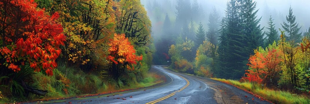 Misty morning light filters through fiery fall foliage casting a warm glow on a remote Pacific Northwest road creating a picturesque autumnal backdrop with ample space for text