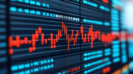 Fototapeta premium Close-up of a stock market screen displaying a red candlestick chart with numerical data.