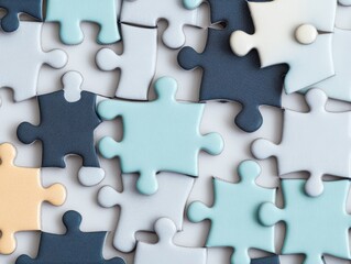 Fototapeta premium Close-up of colorful puzzle pieces, some connected, some scattered, representing teamwork and problem solving.