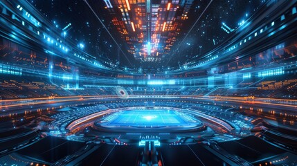 Futuristic sports stadium with illuminated architecture and advanced technology, modern venue designed for major international sporting events and competitions, nighttime aerial view showcasing innova