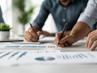 Closeup of hands writing on documents with charts and graphs.  Business people working together.  Focus on collaboration and teamwork.