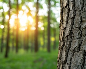 Fototapeta premium Close-up of tree bark with a soft focus forest background illuminated by warm sunlight, creating a serene nature atmosphere.