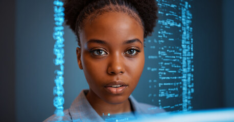 a black woman, african american young woman or teen teenage girl surrounded by digital characters as an AI, AI cybersecurity threat, african american IT specialist analyzes futuristic holographic data